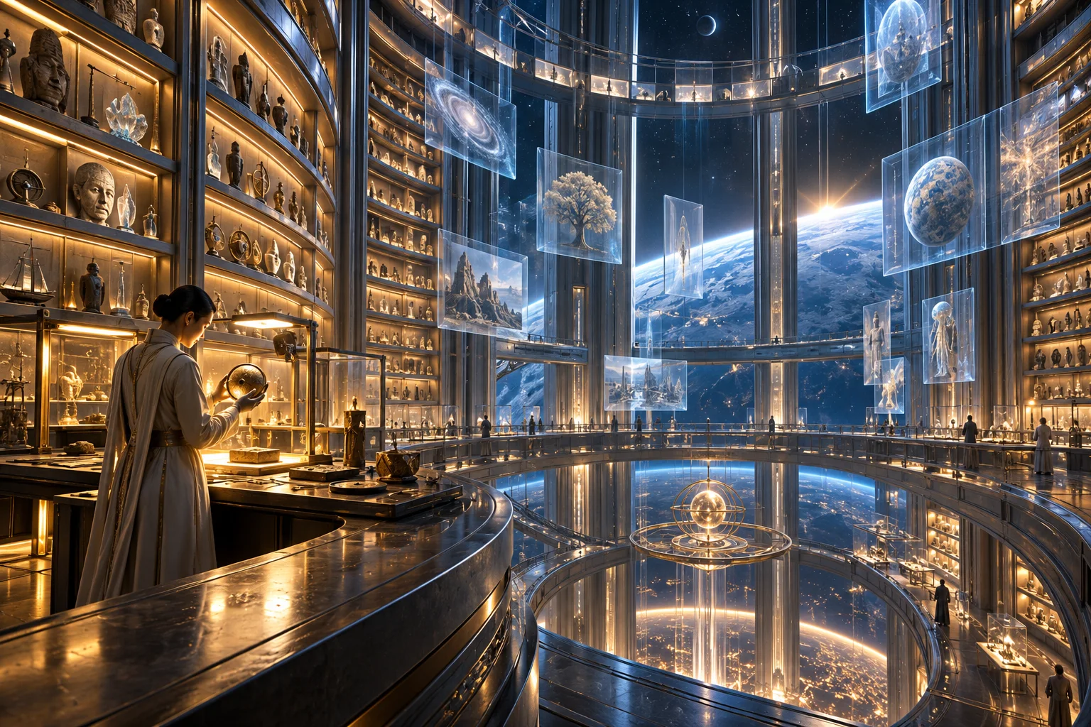 AI concept art of an archivist inspecting an object among curved museum shelves and floating visual records in a monumental orbital archive.