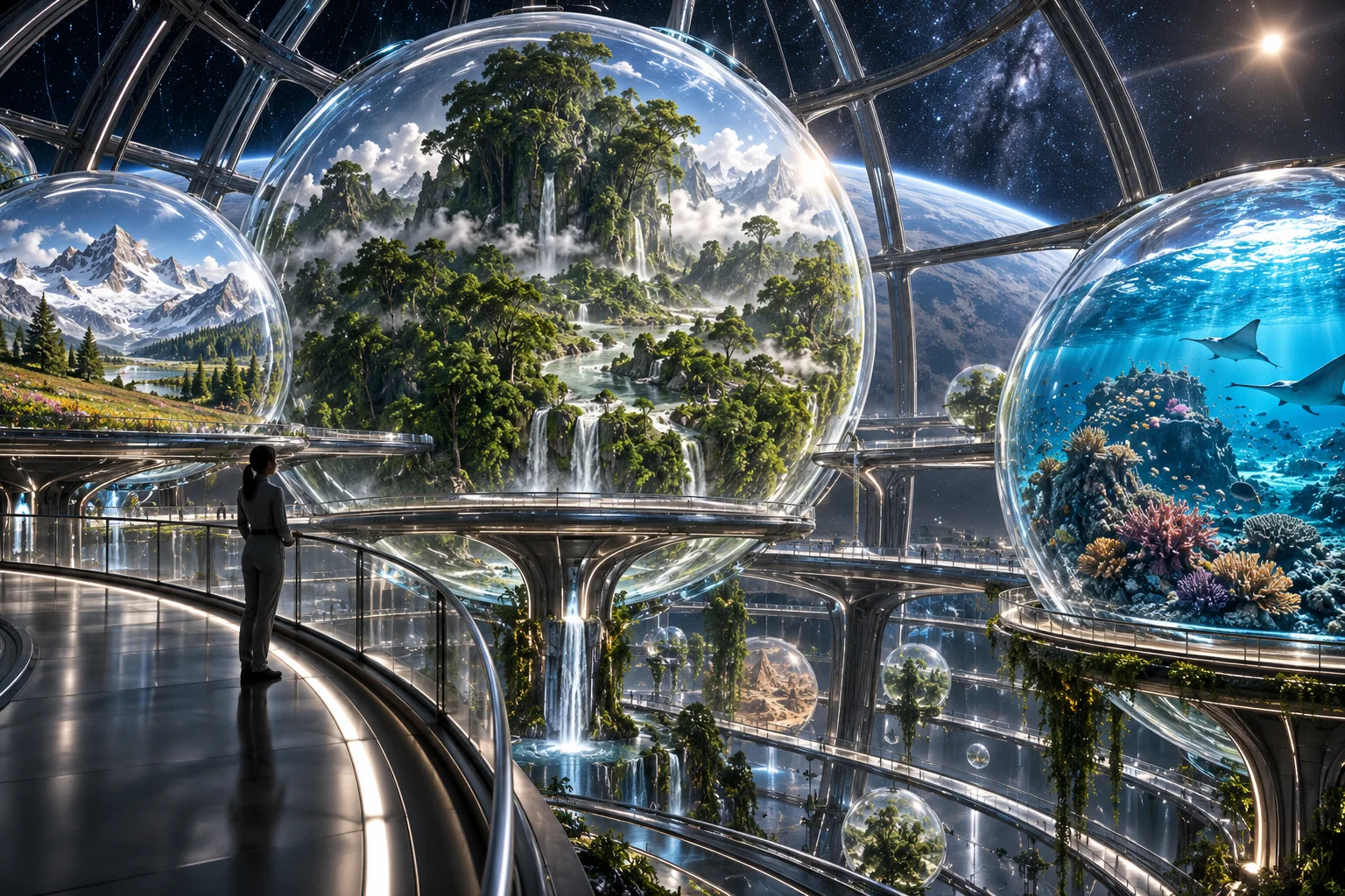 AI concept art of a scientist overlooking giant transparent spheres preserving rainforest, coral-ocean and alpine ecosystems in orbit.
