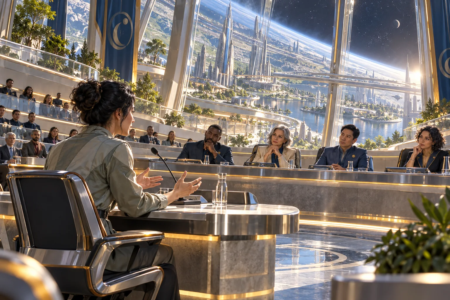 AI concept art of a resident addressing attentive commissioners in a welcoming civic hearing room overlooking a space-habitat city.