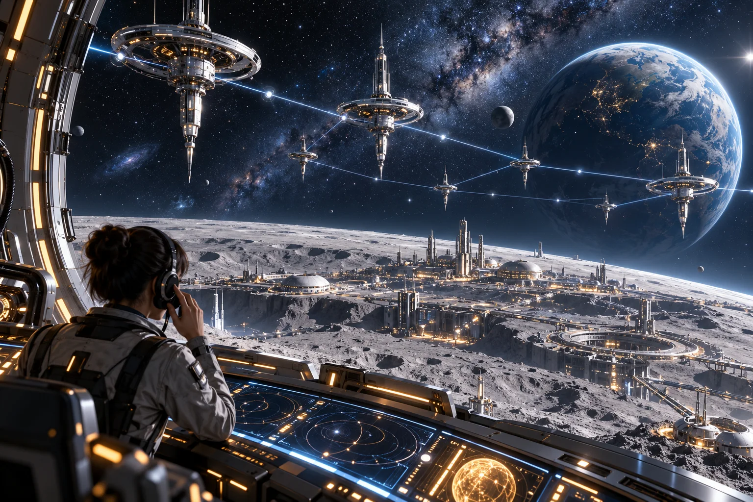 AI concept art of a communications engineer overlooking a populated moon and a constellation of connected orbital relay stations.