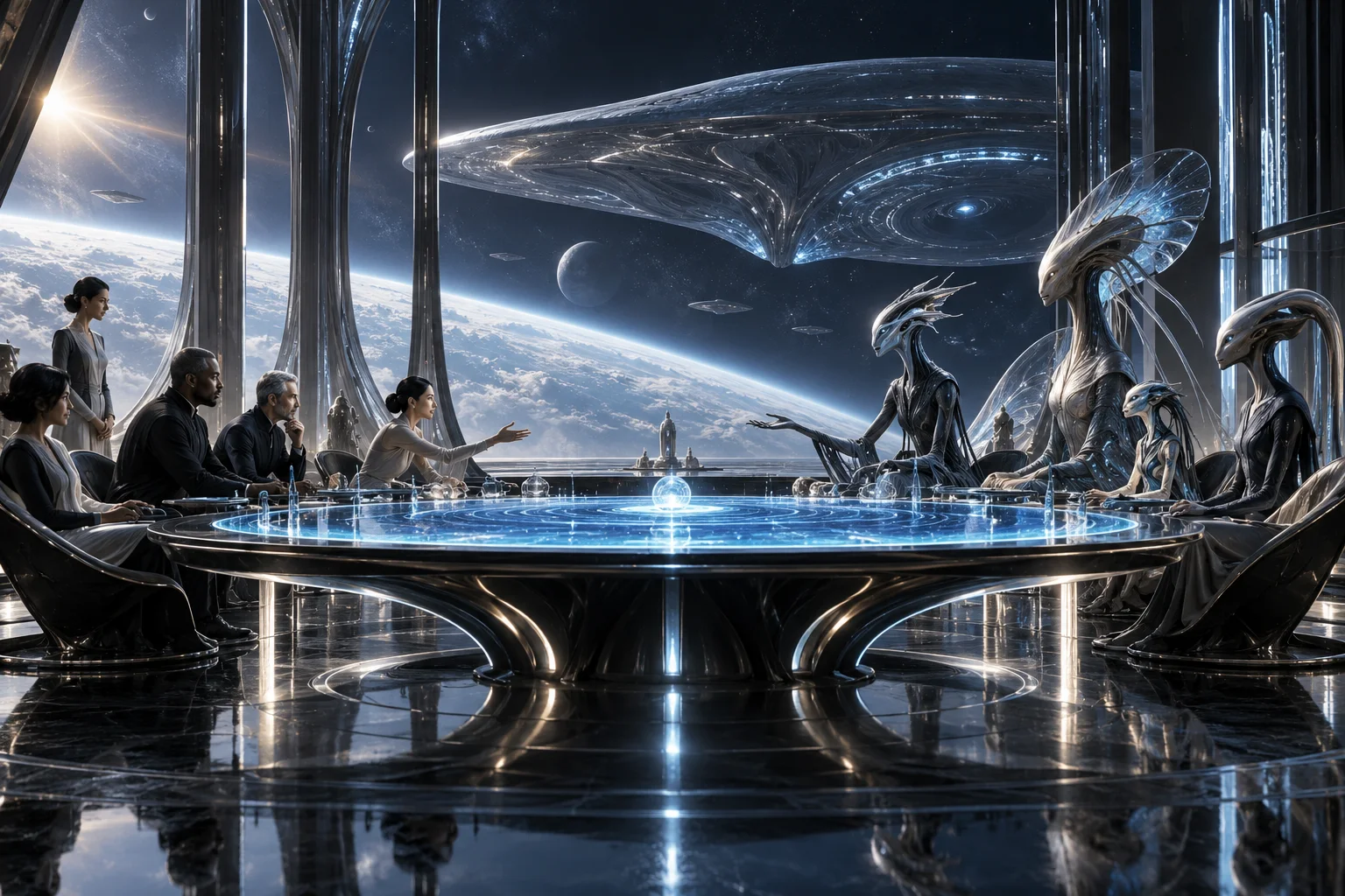 AI concept art of human and alien delegations meeting respectfully across a luminous table with an alien spacecraft beyond the windows.