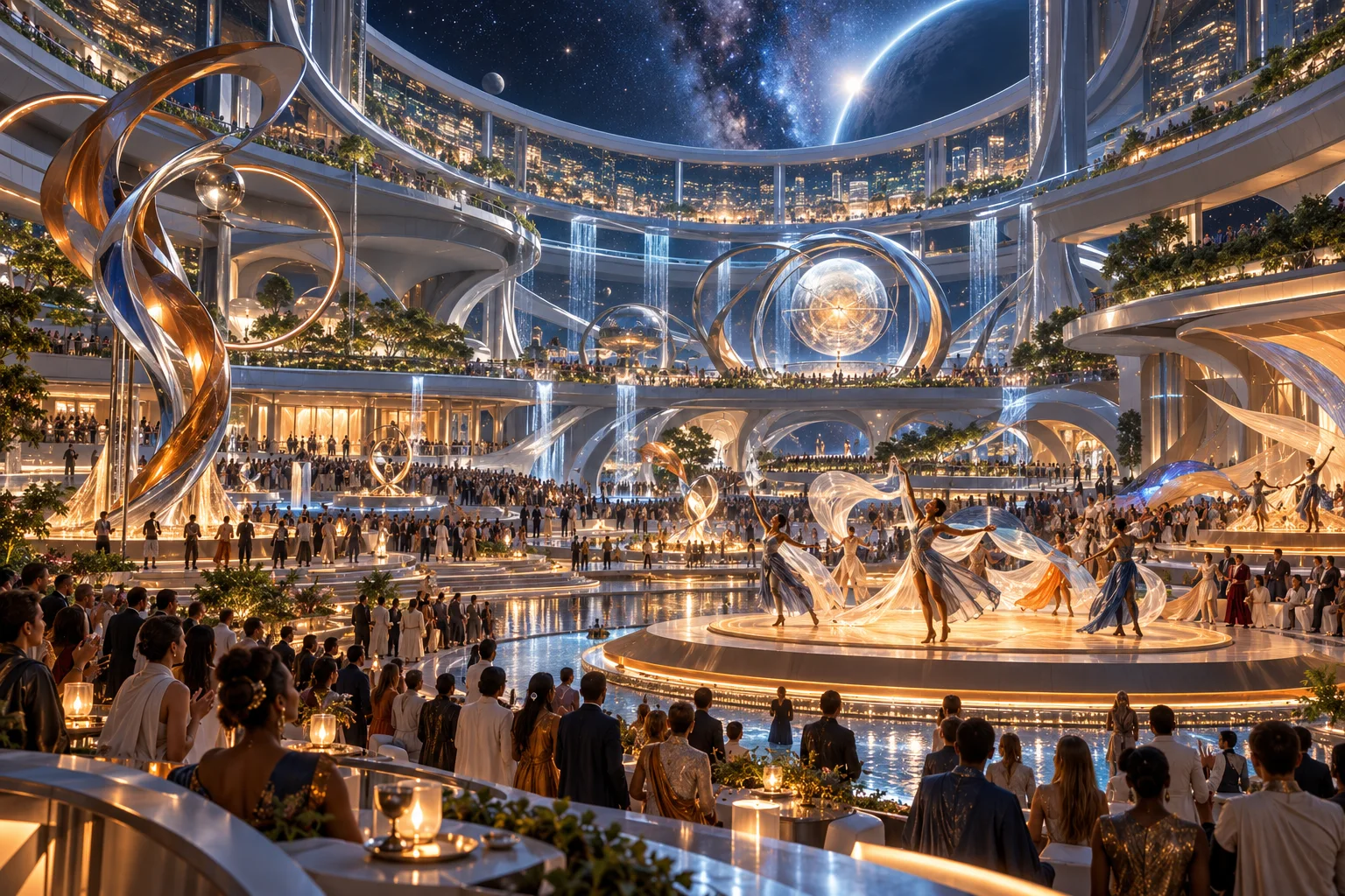 AI concept art of dancers, sculptural installations and an audience celebrating in a luminous multilevel orbital plaza.