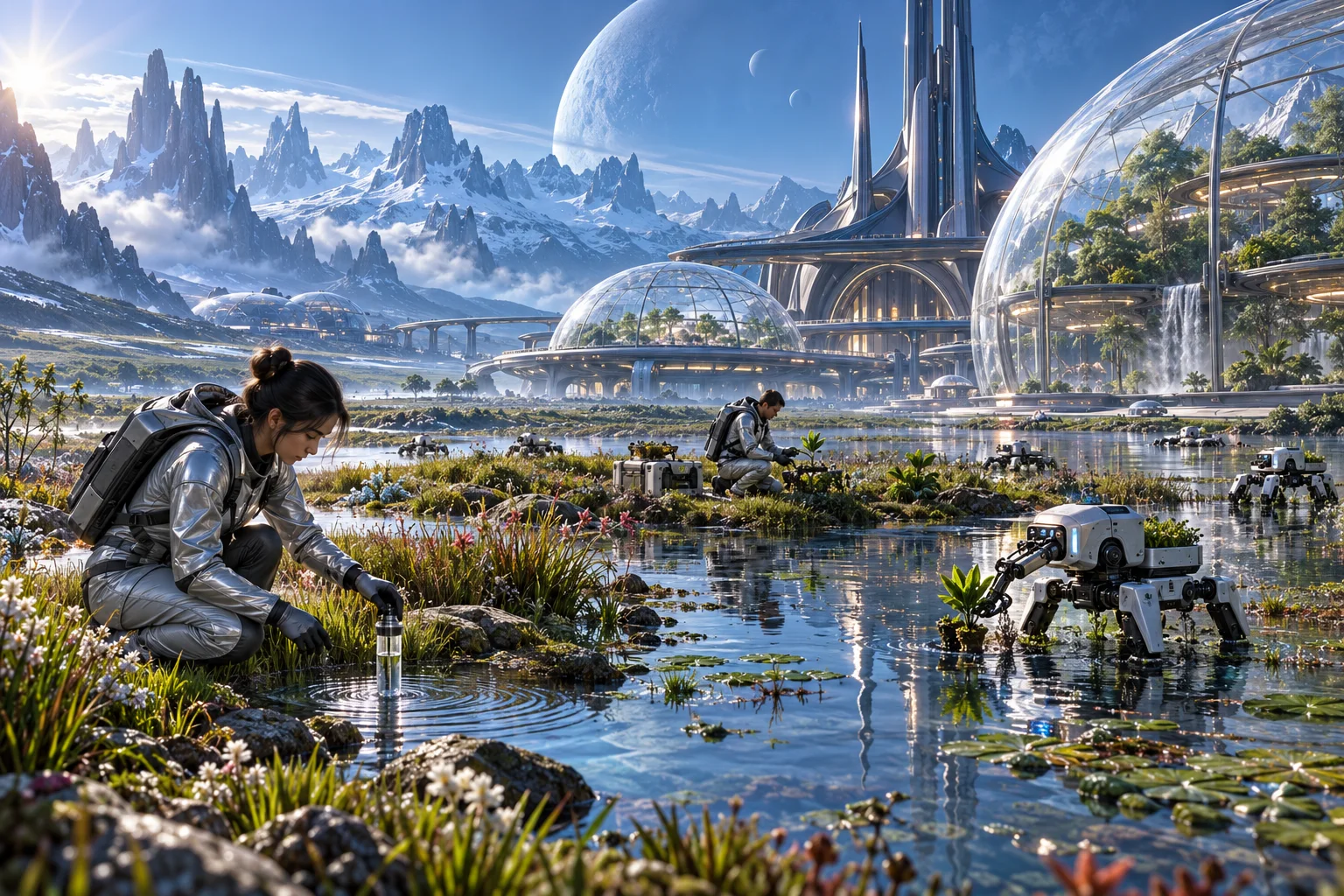 AI concept art of scientists sampling an extraterrestrial wetland while small robots plant seedlings beside glass biodomes.