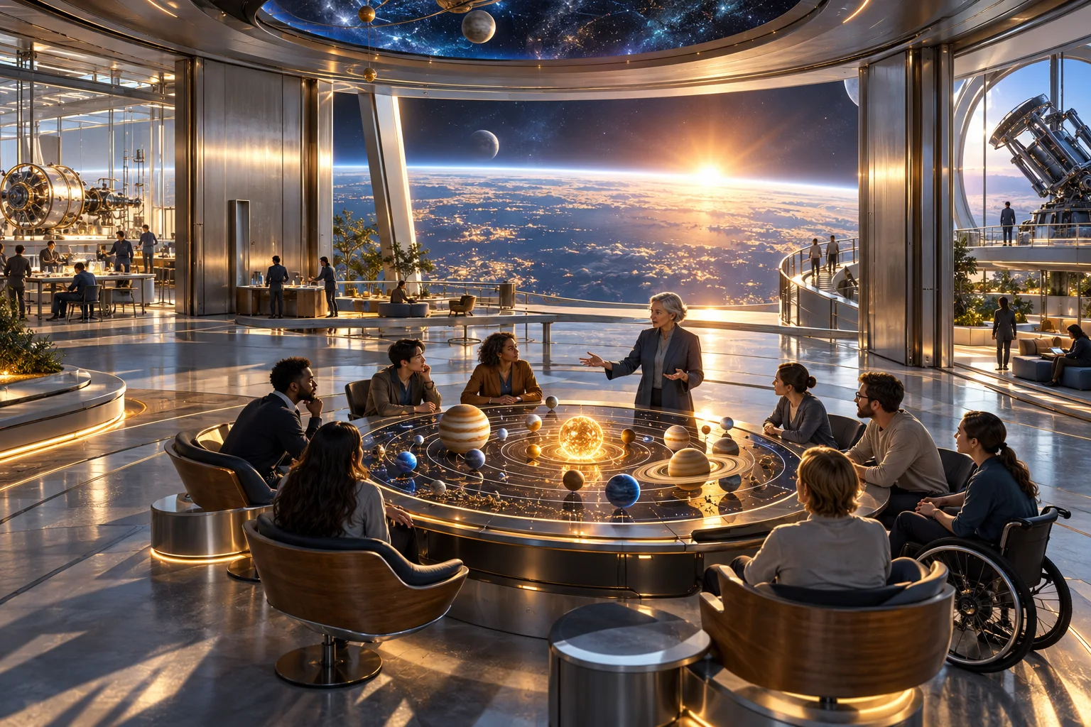AI concept art of adult learners and a teacher around a three-dimensional solar-system model in an accessible orbital classroom.