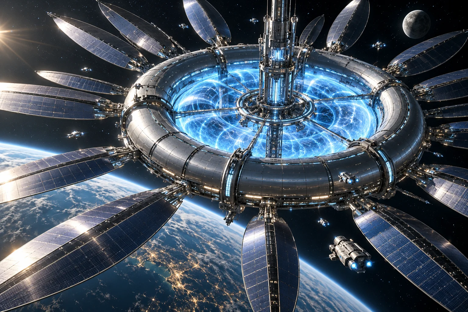 AI concept art of a large silver orbital energy station with a luminous blue central torus and petal-shaped collector arrays.