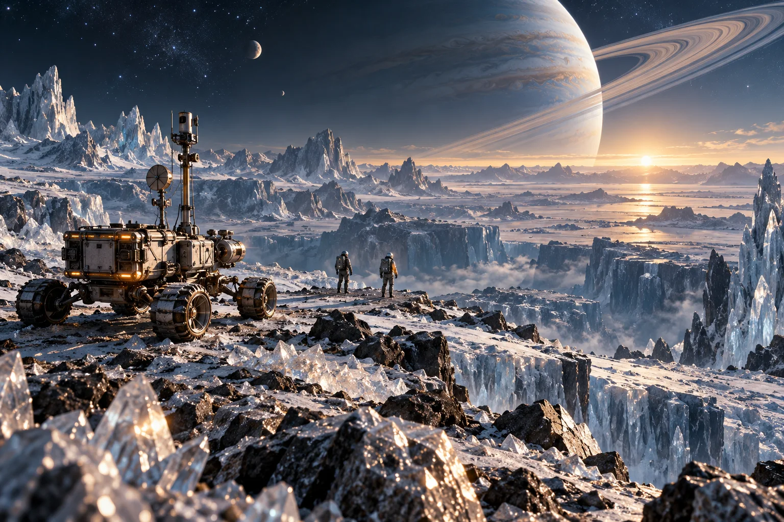 AI concept art of a silver rover and two suited explorers surveying a crystalline moon plateau beneath an enormous ringed planet.