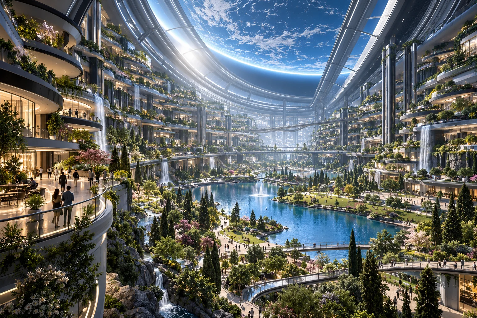 AI concept art of a spacious orbital residential habitat with terraced gardens, waterfalls, a blue lake and public walkways.