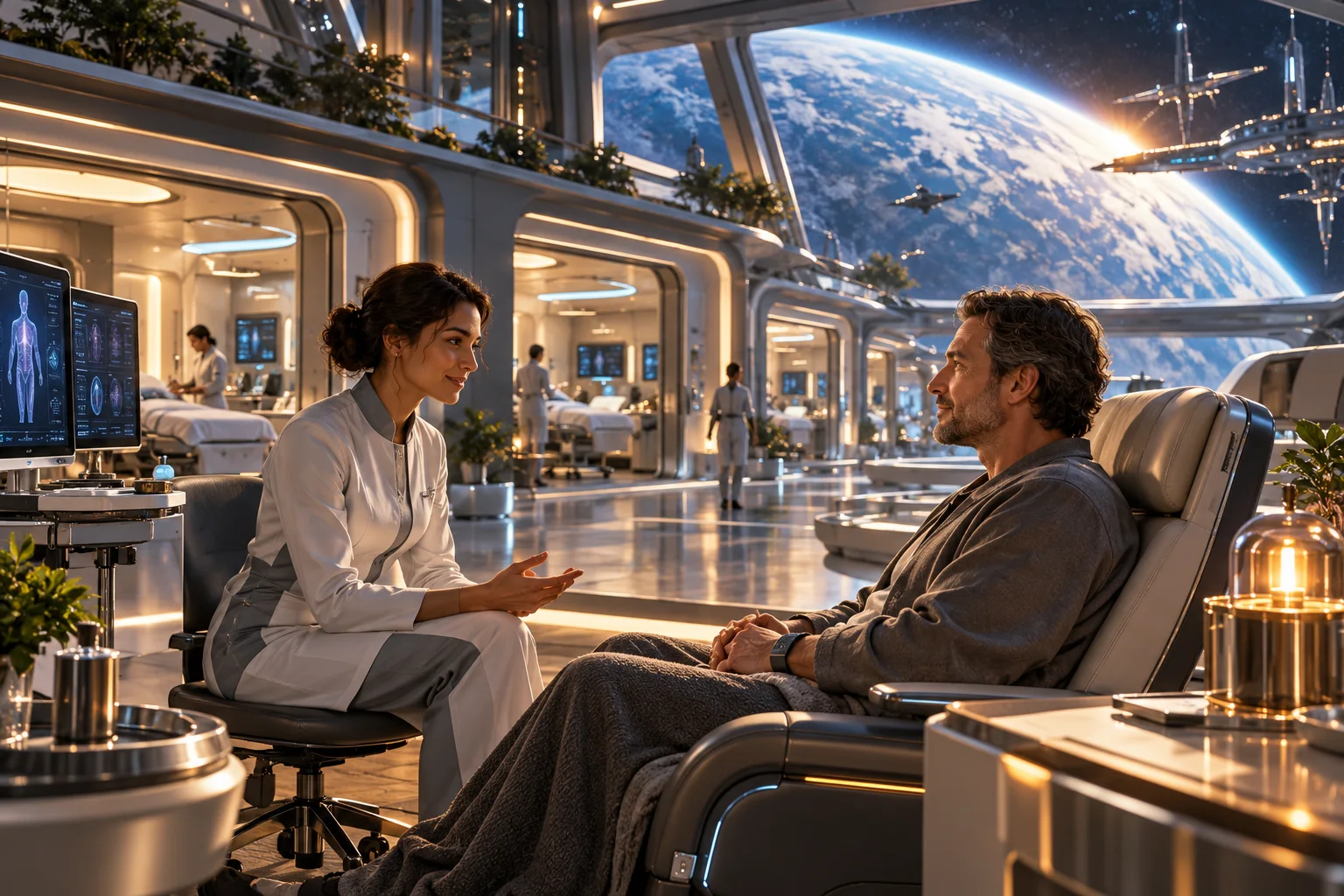 AI concept art of a clinician speaking with a seated adult patient in a warmly lit orbital clinic above a blue planet.