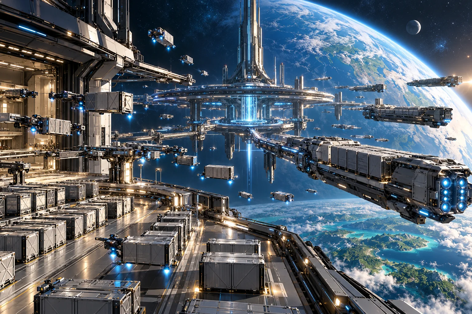 AI concept art of cargo drones, silver containers and civilian freight ships at an orderly orbital logistics port.
