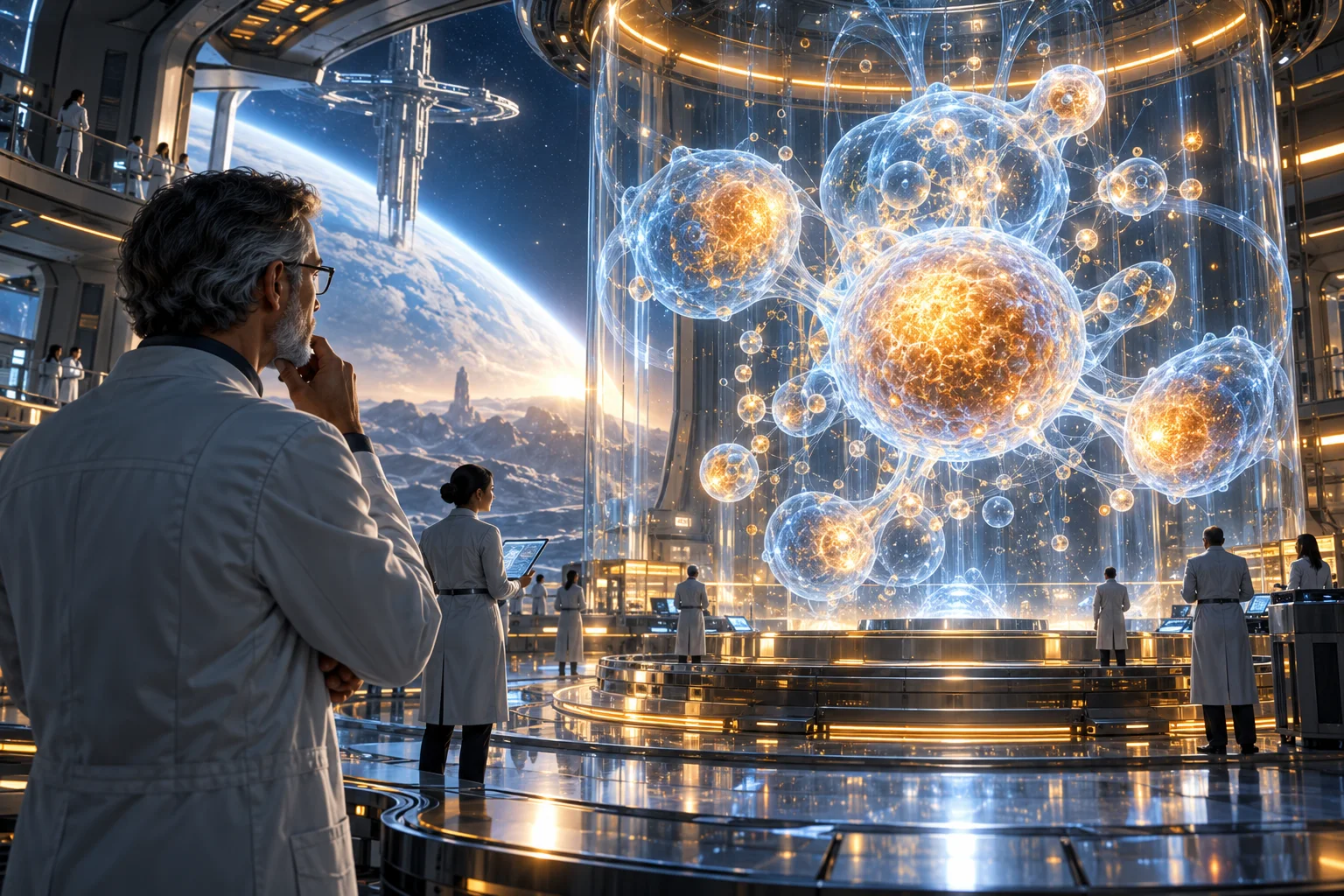 AI concept art of researchers observing a luminous abstract cellular model inside a large transparent laboratory chamber.