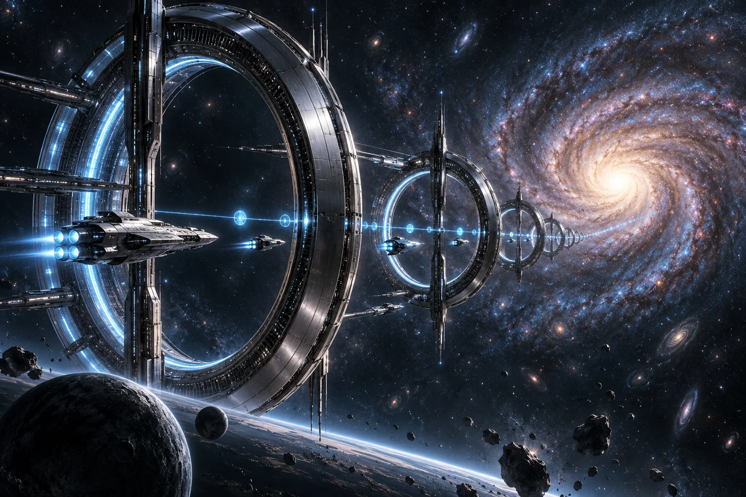 AI concept art of silver navigation rings and glowing blue waypoints guiding spacecraft toward a distant spiral galaxy.