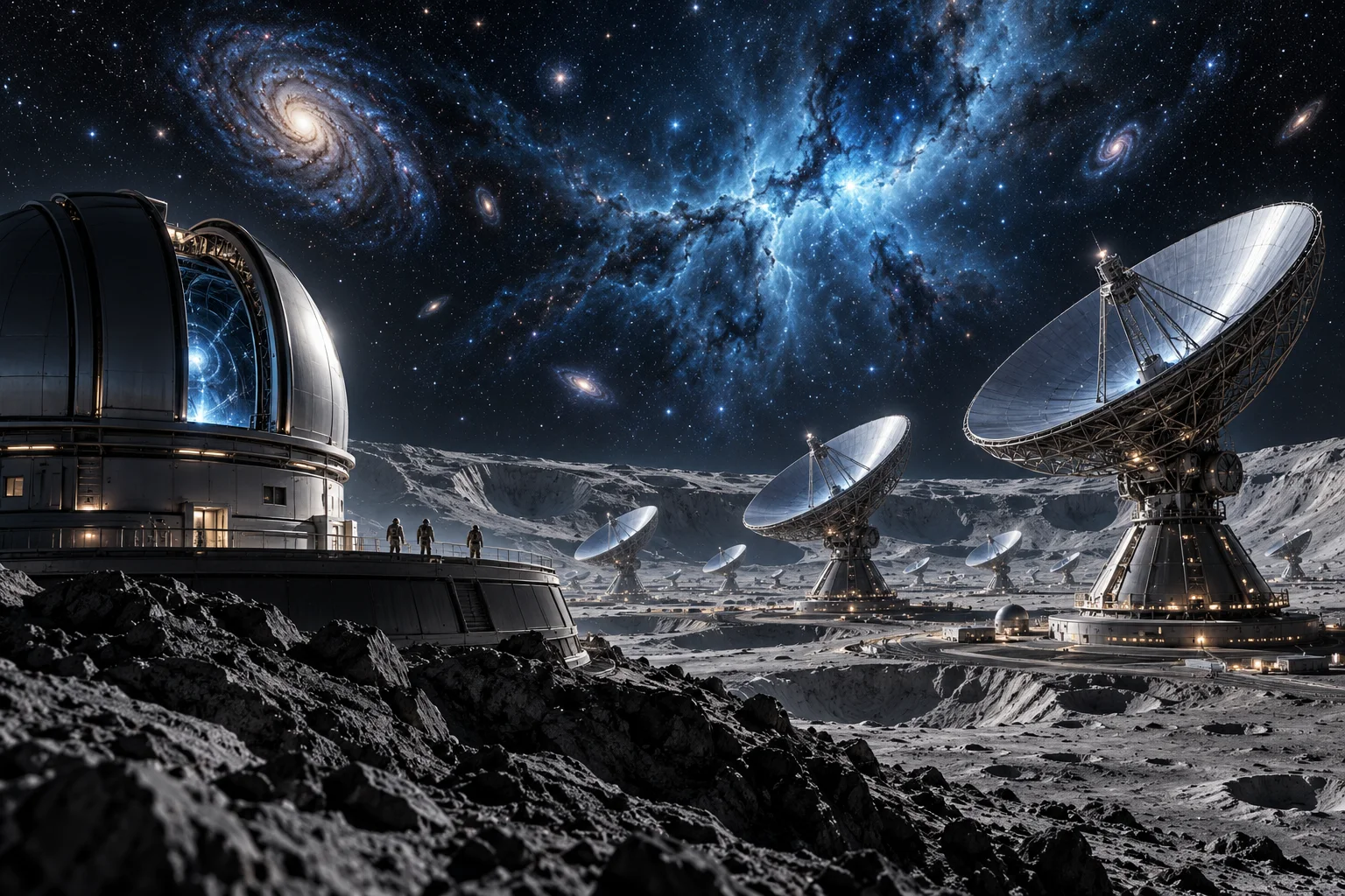 AI concept art of large silver telescope dishes and an observatory dome on a cratered moon beneath galaxies and a blue nebula.