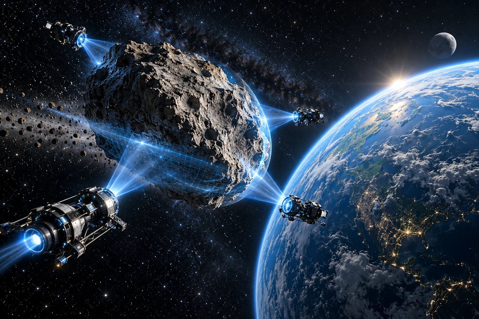 AI concept art of robotic tug spacecraft surrounding an asteroid with blue fields near an inhabited planet.