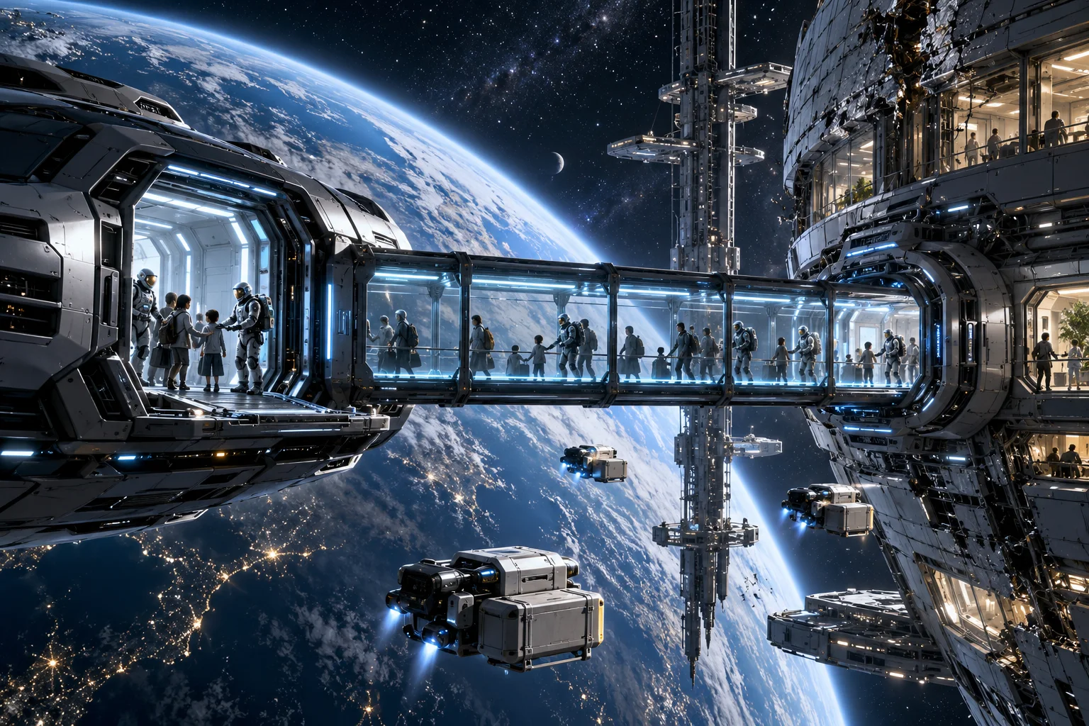 AI concept art of rescue crews guiding civilians through a transparent docking corridor from a damaged orbital habitat to a ship.