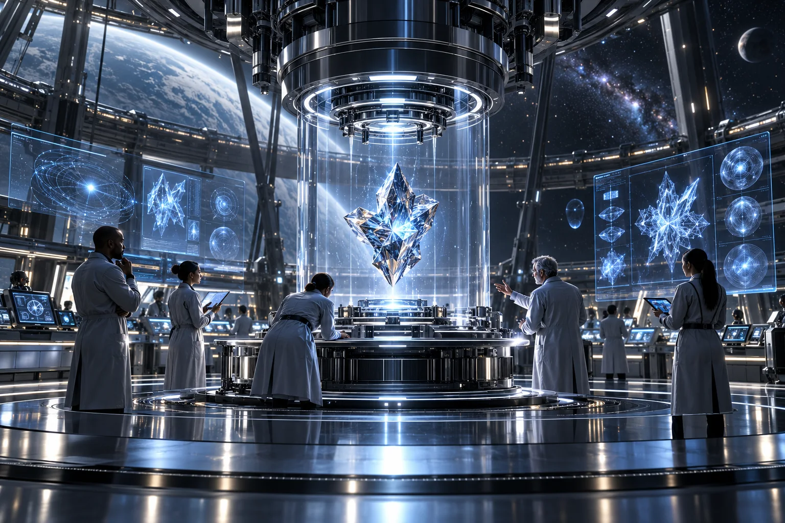AI concept art of scientists studying a suspended crystalline sample in a transparent chamber surrounded by blue scientific displays.