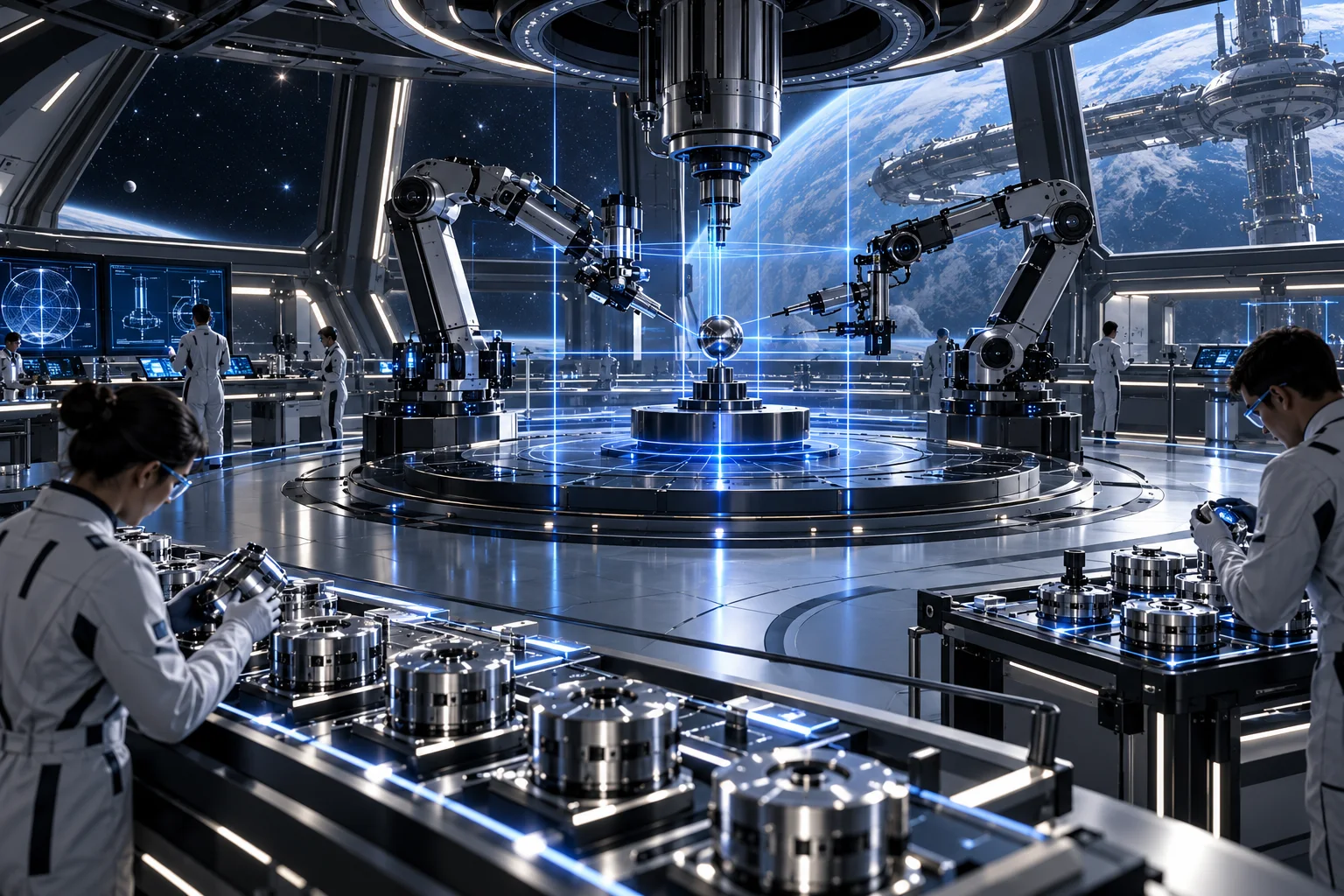 AI concept art of researchers and robotic arms calibrating a silver sphere within a blue laser grid in a precision laboratory.