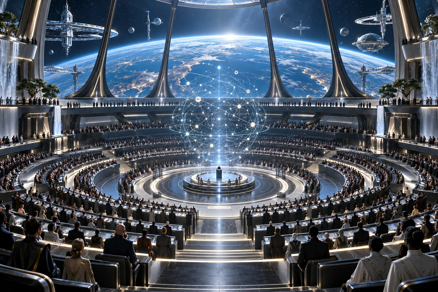 AI concept art of a vast circular assembly chamber with concentric tiers of delegates and a central holographic star network.