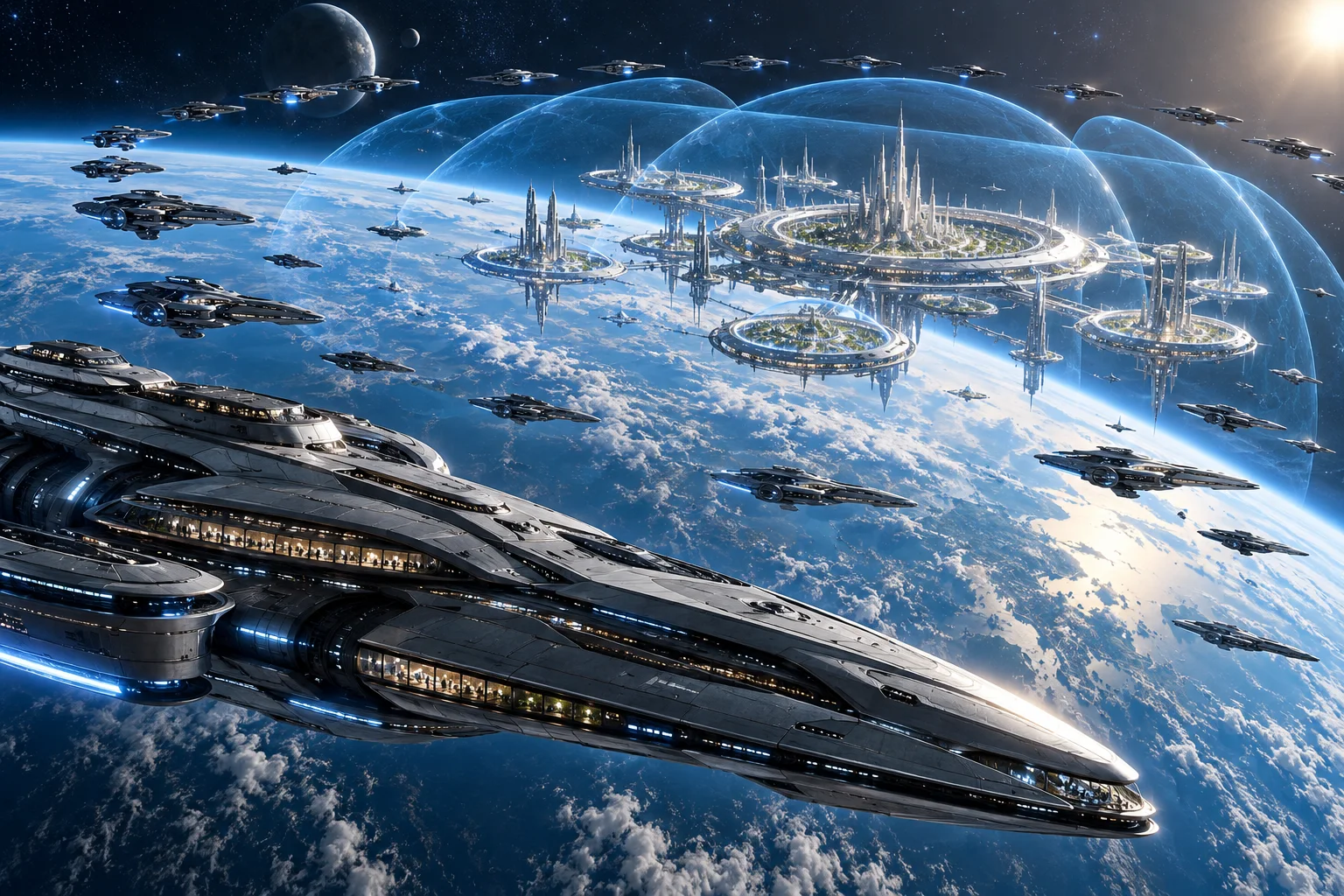 AI concept art of silver spacecraft forming a protective arc around blue-shielded civilian orbital habitats above a planet.