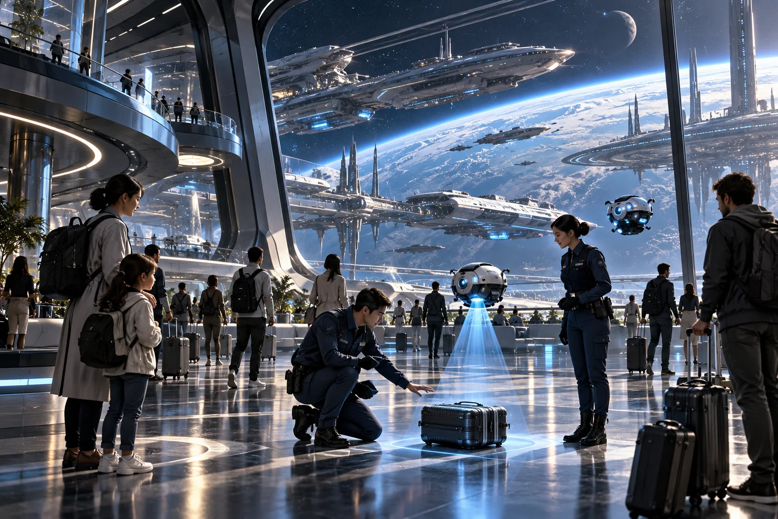 AI concept art of unarmed investigators and small scanning drones assisting travelers in a civilian orbital spaceport.