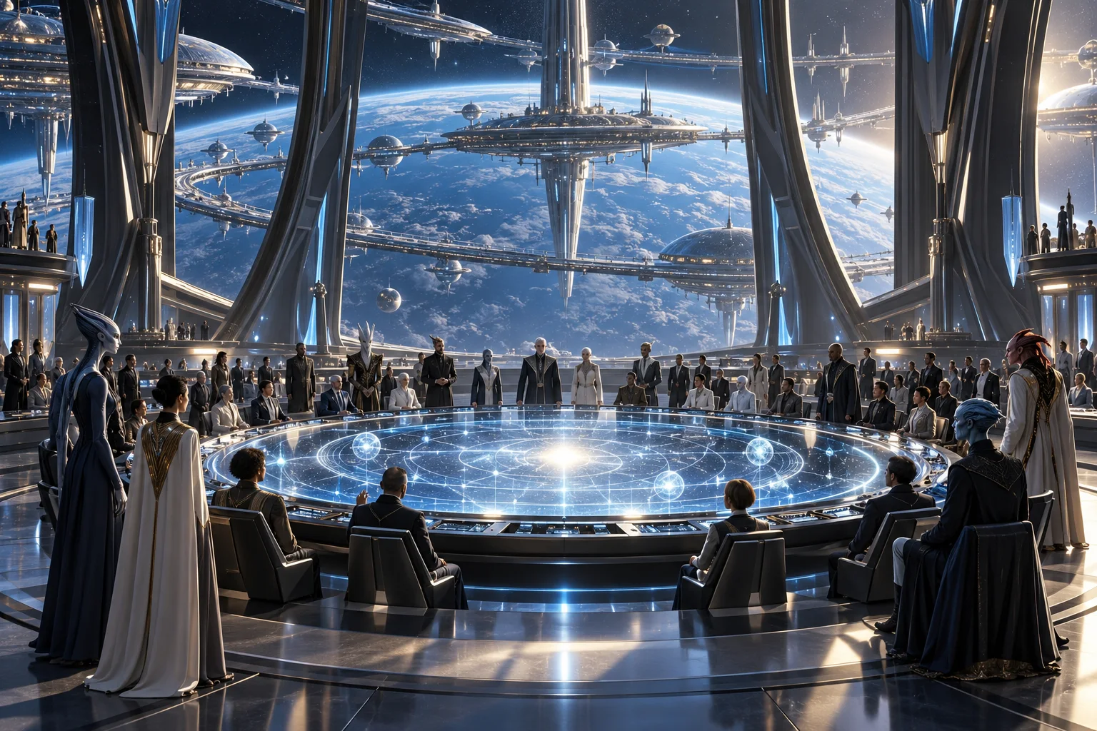 AI concept art of human and alien delegates around a luminous circular star-map table in an orbital diplomatic hall.