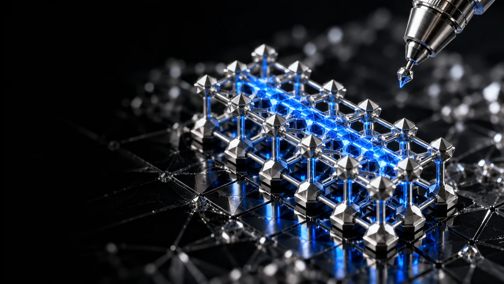 AI concept art of a silver nanoscale lattice under assembly