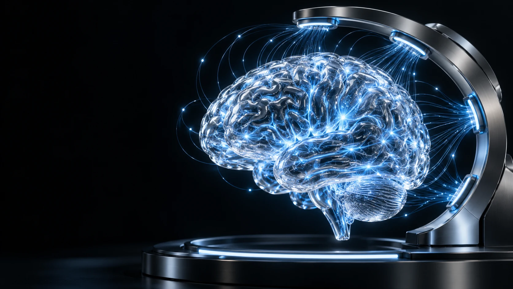 AI concept art of an external scanner surrounding a luminous model of a brain