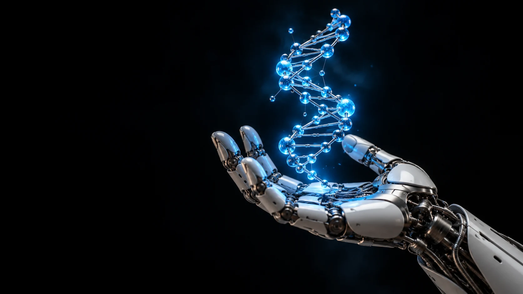 AI concept of a robotic hand holding a luminous molecular lattice