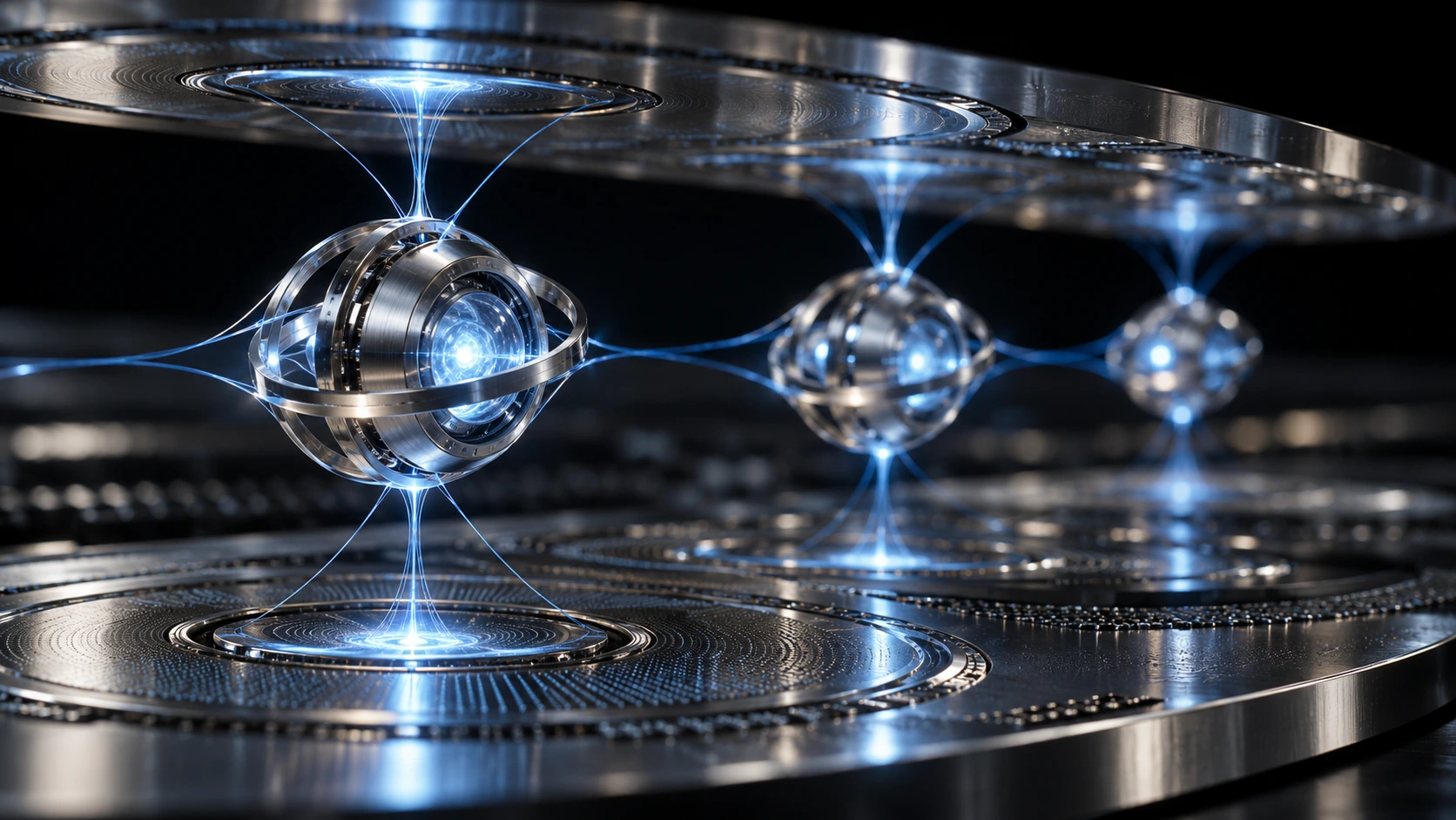 AI visualization of a proposed network of silver nanoscale energy nodes connected by blue light