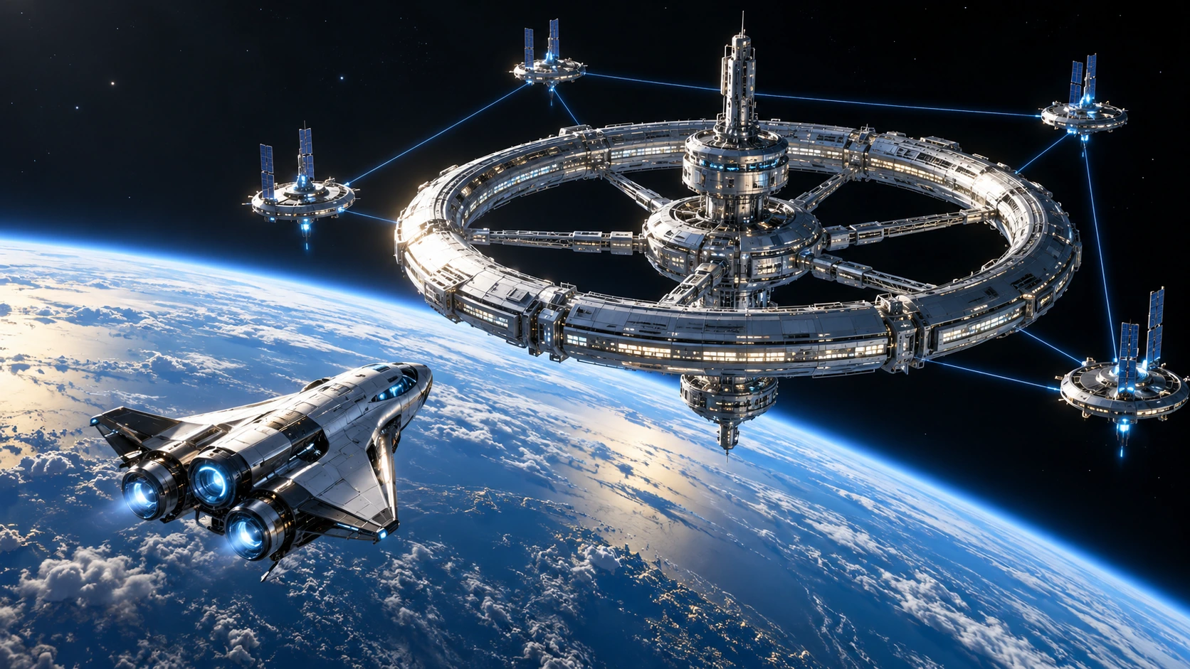 AI concept art of an orbital habitat and spacecraft with illuminated power systems above a planet